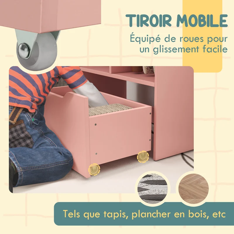 Bibliothèque étagère enfant 60 x 29.9 x 90 cm grand tiroir anti basculement pour chambre bureau scandinave en MDF rose 21_0000146