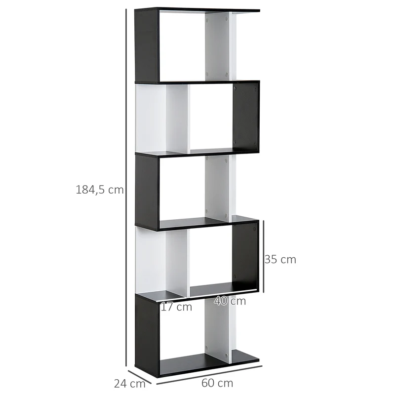 Bibliothèque en s 60 x 24 x 184,5 cm 5 étagères séparateur gain de place moderne épuré en panneau de particules noir 21_0001728