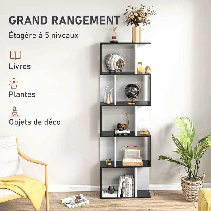 Bibliothèque en s 60 x 24 x 184,5 cm 5 étagères séparateur gain de place moderne épuré en panneau de particules noir 21_0001728