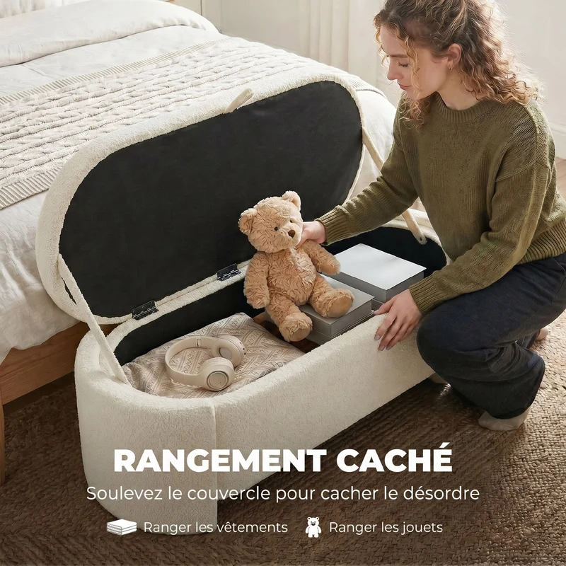 Banc de rangement ovale bout de lit 129 x 48,5 x 44 cm assise large rangement caché moderne scandinave en polaire crème 21_0002996