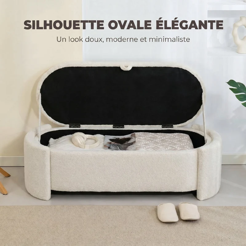 Banc de rangement ovale bout de lit 129 x 48,5 x 44 cm assise large rangement caché moderne scandinave en polaire crème 21_0002996