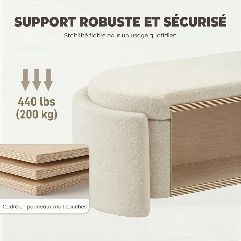 Banc de rangement ovale bout de lit 129 x 48,5 x 44 cm assise large rangement caché moderne scandinave en polaire crème 21_0002996