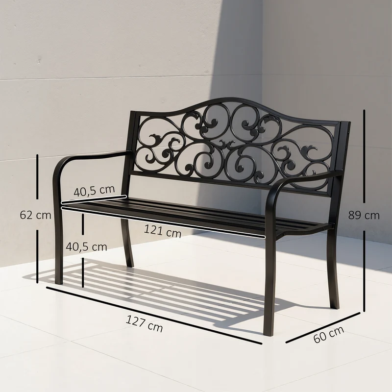Banc de jardin 3 places 127 x 60 x 89 cm assise profonde dossier ergonomique design épuré ambiance cosy en métal noir 21_0004594