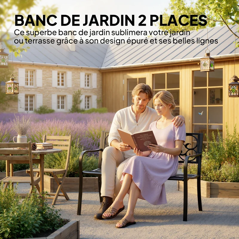 Banc de jardin 3 places 127 x 60 x 89 cm assise profonde dossier ergonomique design épuré ambiance cosy en métal noir 21_0004594