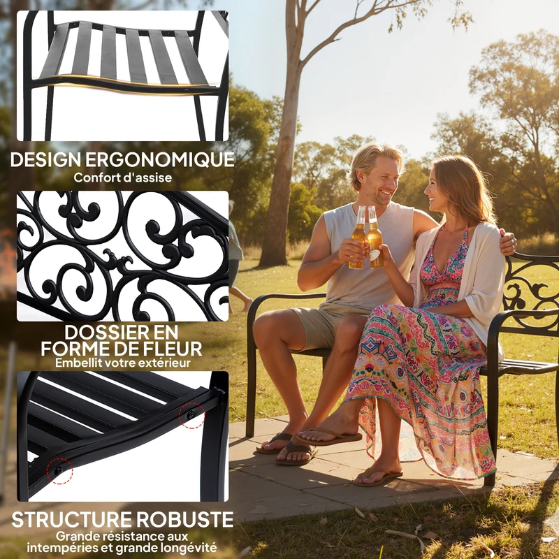 Banc de jardin 3 places 127 x 60 x 89 cm assise profonde dossier ergonomique design épuré ambiance cosy en métal noir 21_0004594