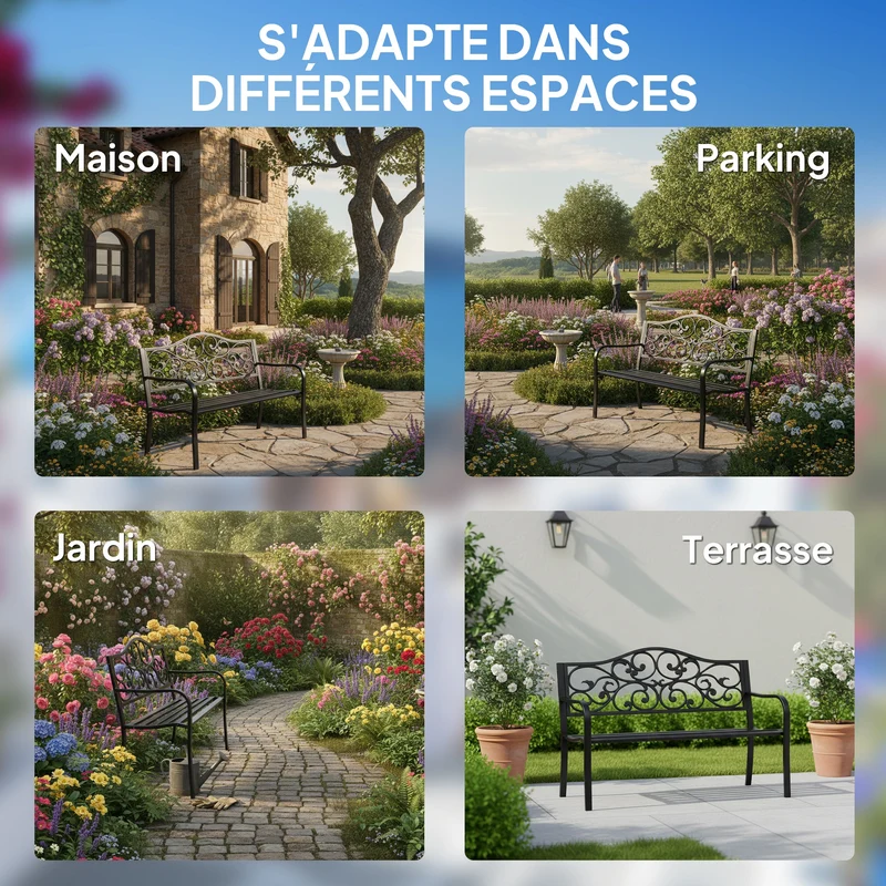 Banc de jardin 3 places 127 x 60 x 89 cm assise profonde dossier ergonomique design épuré ambiance cosy en métal noir 21_0004594