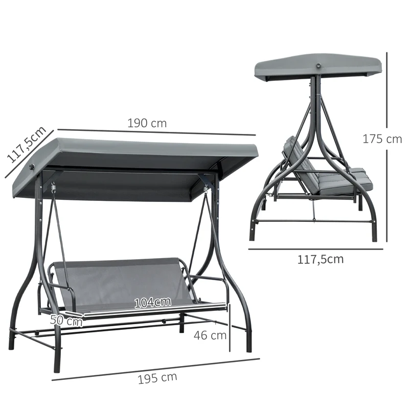 Balancelle de jardin 3 places convertible 195 x 117 x 175 cm grand confort toit réglable contemporain en métal gris 21_0004445