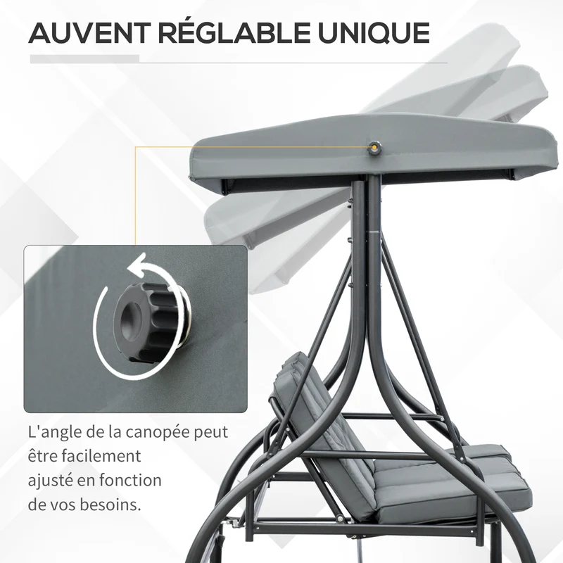 Balancelle de jardin 3 places convertible 195 x 117 x 175 cm grand confort toit réglable contemporain en métal gris 21_0004445