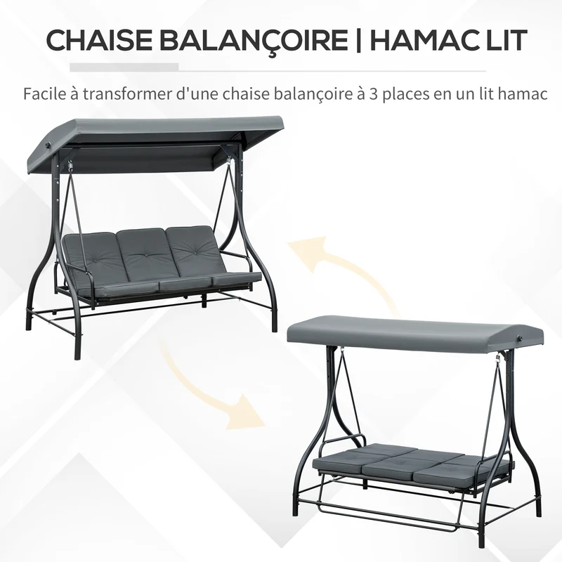 Balancelle de jardin 3 places convertible 195 x 117 x 175 cm grand confort toit réglable contemporain en métal gris 21_0004445