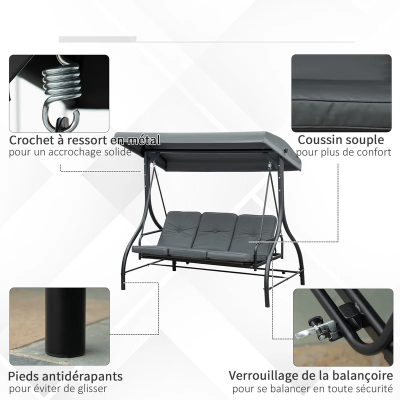 Balancelle de jardin 3 places convertible 195 x 117 x 175 cm grand confort toit réglable contemporain en métal gris 21_0004445