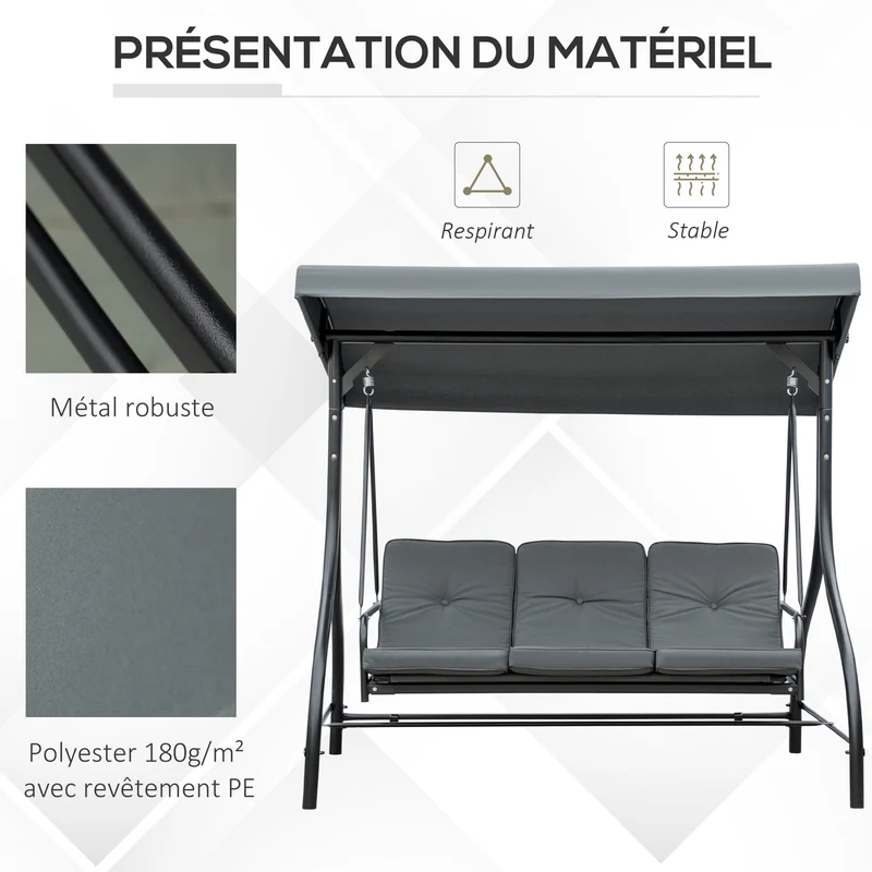 Balancelle de jardin 3 places convertible 195 x 117 x 175 cm grand confort toit réglable contemporain en métal gris 21_0004445