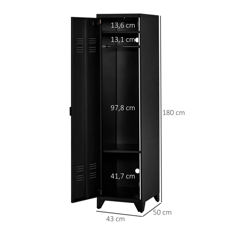 Armoire vestiaire compacte 43 x 50 x 180 cm tringle 3 étagères anti basculement stable style industriel en métal noir 21_0001494