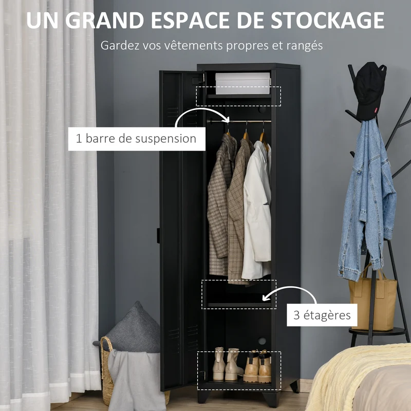 Armoire vestiaire compacte 43 x 50 x 180 cm tringle 3 étagères anti basculement stable style industriel en métal noir 21_0001494