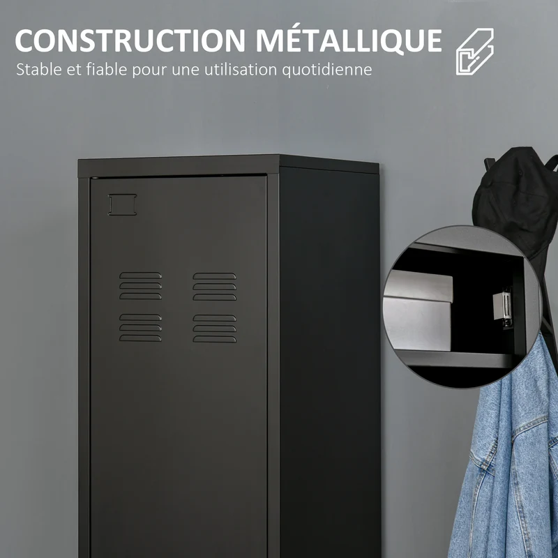 Armoire vestiaire compacte 43 x 50 x 180 cm tringle 3 étagères anti basculement stable style industriel en métal noir 21_0001494