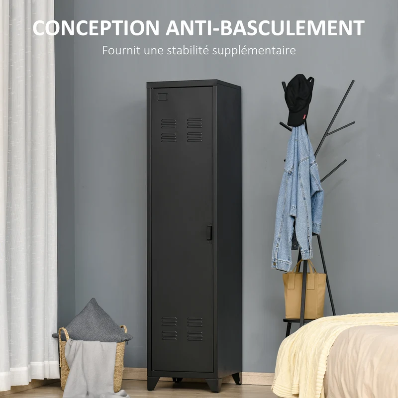 Armoire vestiaire compacte 43 x 50 x 180 cm tringle 3 étagères anti basculement stable style industriel en métal noir 21_0001494