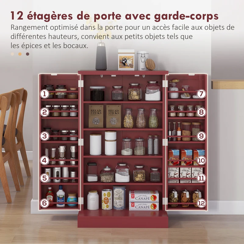 Armoire de cuisine 60 x 30 x 104 cm capacité réglable anti-basculement style contemporain épuré fini peint en MDF rouge 21_0003226