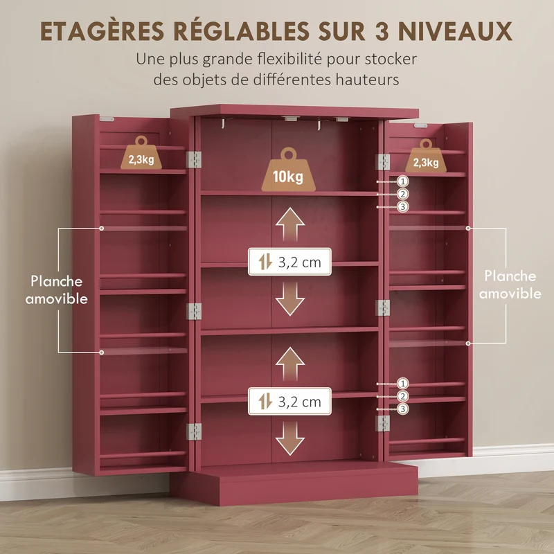 Armoire de cuisine 60 x 30 x 104 cm capacité réglable anti-basculement style contemporain épuré fini peint en MDF rouge 21_0003226