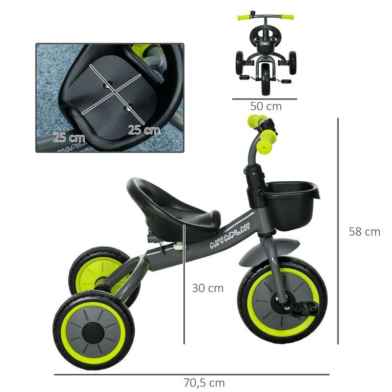 Tricycle enfant balade 70.5 x 53 x 58 cm siège réglable avec dossier ergonomique sécurité moderne épuré en métal noir 21_0000531