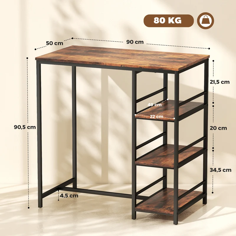 Table de bar mange-debout 90 x 50 x 90,5 cm gain de place 3 étagères style industriel contemporain en MDF brun rustique 21_0003329