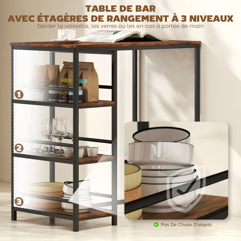 Table de bar mange-debout 90 x 50 x 90,5 cm gain de place 3 étagères style industriel contemporain en MDF brun rustique 21_0003329