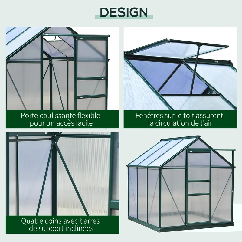Serre de jardin porte coulissante 190 x 192 x 201 cm isolation ventilation moderne épuré en polycarbonate vert foncé 21_0004051