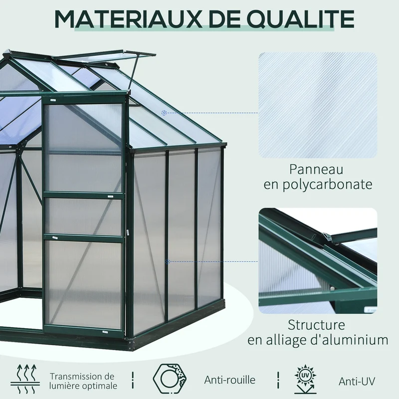 Serre de jardin porte coulissante 190 x 192 x 201 cm isolation ventilation moderne épuré en polycarbonate vert foncé 21_0004051
