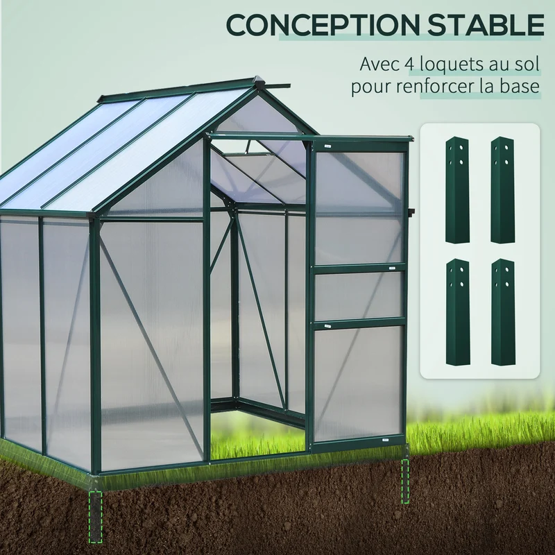 Serre de jardin porte coulissante 190 x 192 x 201 cm isolation ventilation moderne épuré en polycarbonate vert foncé 21_0004051