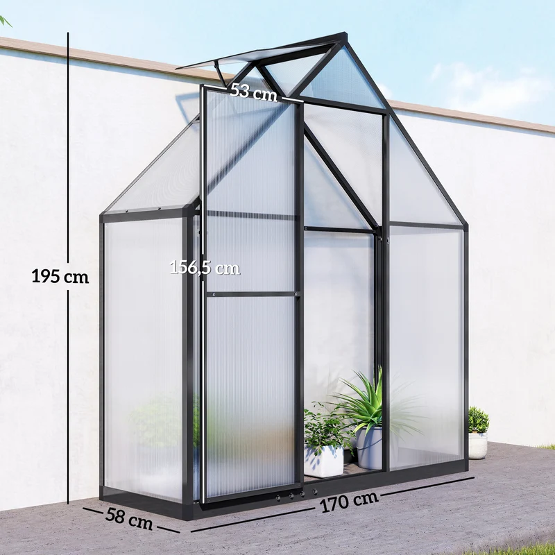 Serre de jardin 170 x 58 x 195 cm ventilation réglable porte battante résistante moderne en polycarbonate transparent 21_0005593