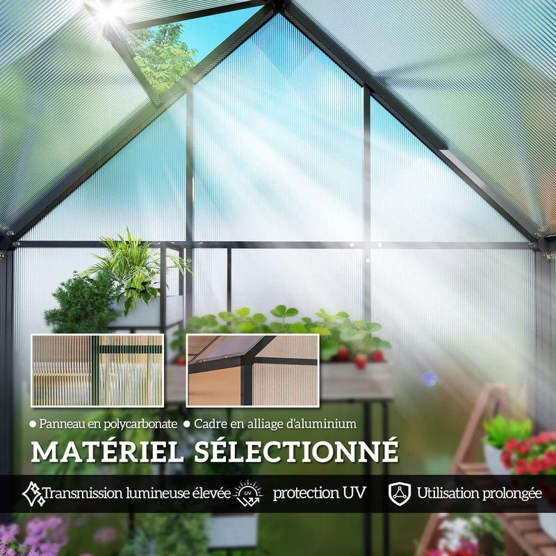 Serre de jardin 170 x 58 x 195 cm ventilation réglable porte battante résistante moderne en polycarbonate transparent 21_0005593