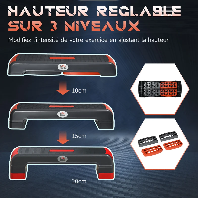 Plateforme aérobic 78 x 28 x 20 cm surface antidérapante portable hauteur réglable 3 niveaux moderne épuré en PP gris 21_0006713