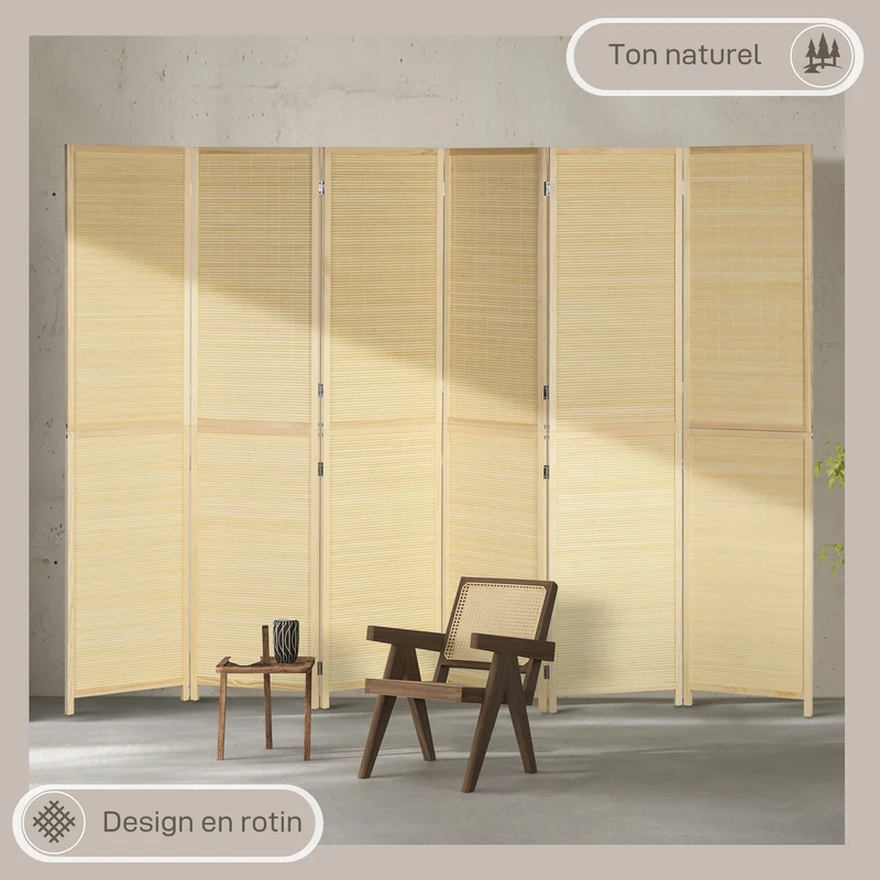 Paravent séparateur de pièce pliable 270 x 180 cm intimité immédiate autoportant style scandinave en bambou naturel 21_0001365