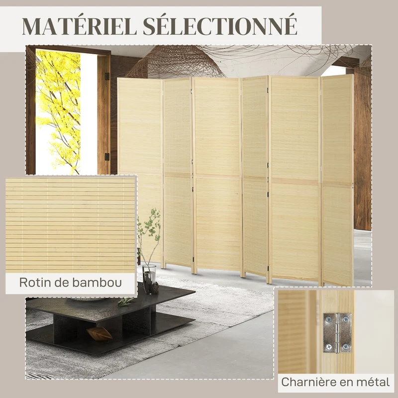 Paravent séparateur de pièce pliable 270 x 180 cm intimité immédiate autoportant style scandinave en bambou naturel 21_0001365