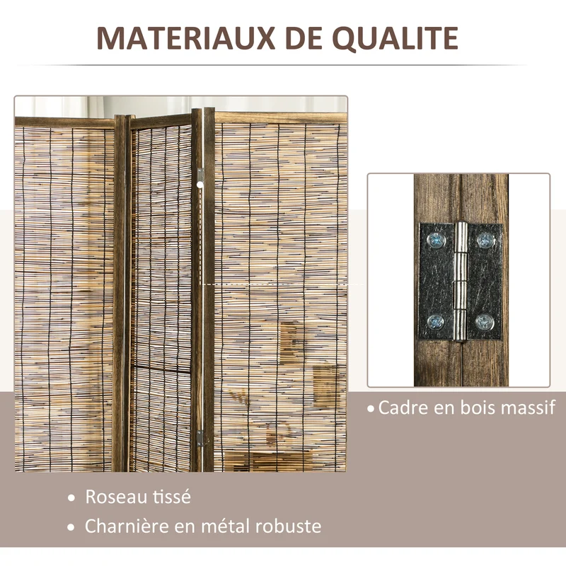 Paravent séparateur de pièce 4 panneaux tressés pliable 160 x 170 x 1.8 cm intimité style naturel cosy en bois naturel 21_0001283