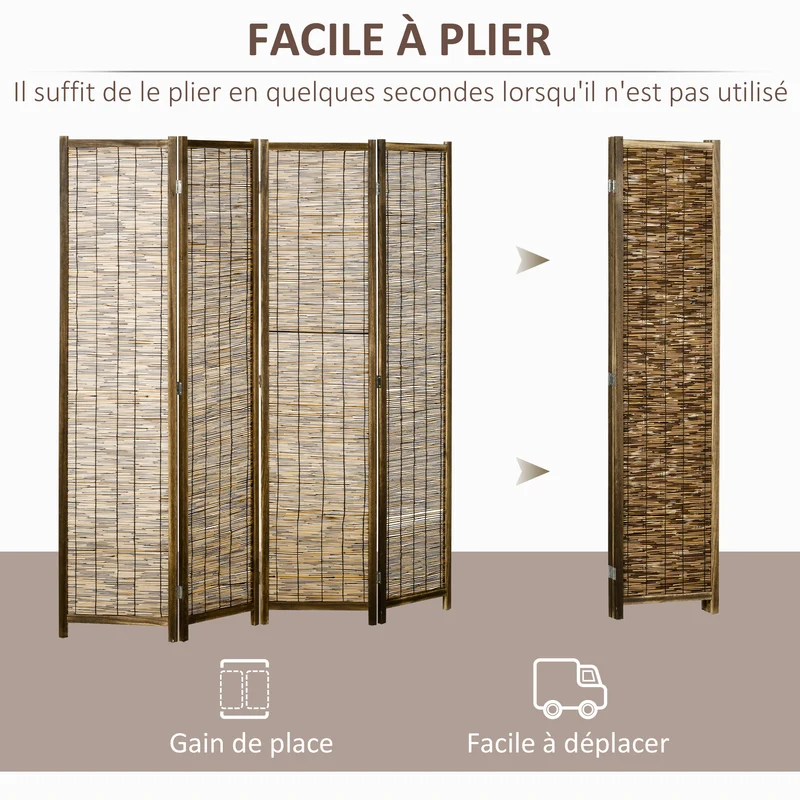 Paravent séparateur de pièce 4 panneaux tressés pliable 160 x 170 x 1.8 cm intimité style naturel cosy en bois naturel 21_0001283