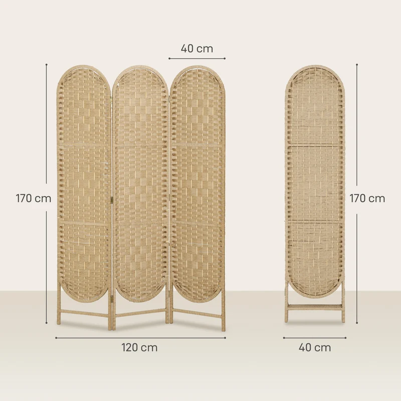 Paravent intérieur ovale 3 panneaux 120 x 170 cm séparateur pliable léger décoratif scandinave en bois de pin naturel 21_0003716