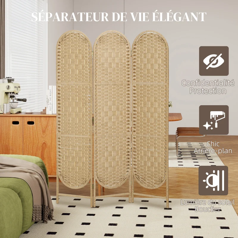 Paravent intérieur ovale 3 panneaux 120 x 170 cm séparateur pliable léger décoratif scandinave en bois de pin naturel 21_0003716