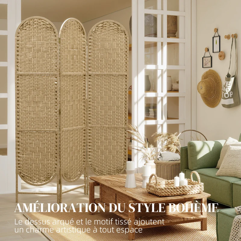 Paravent intérieur ovale 3 panneaux 120 x 170 cm séparateur pliable léger décoratif scandinave en bois de pin naturel 21_0003716