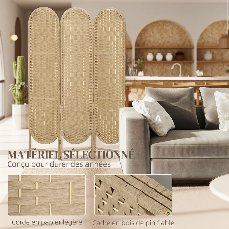 Paravent intérieur ovale 3 panneaux 120 x 170 cm séparateur pliable léger décoratif scandinave en bois de pin naturel 21_0003716