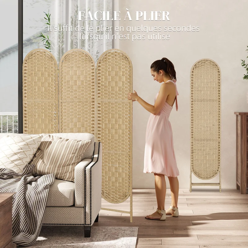 Paravent intérieur ovale 3 panneaux 120 x 170 cm séparateur pliable léger décoratif scandinave en bois de pin naturel 21_0003716