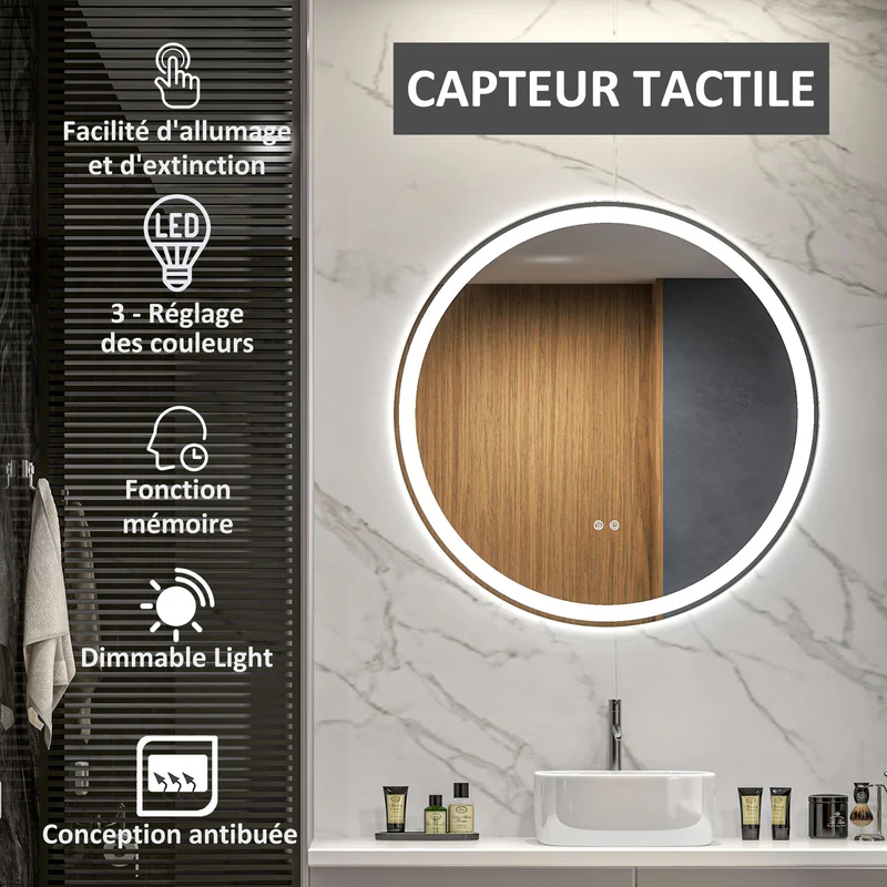 Miroir rond mural salle de bain 80 x 3,3 cm éclairage led réglable 3 couleurs antibuée moderne et épuré en verre argent 21_0001970