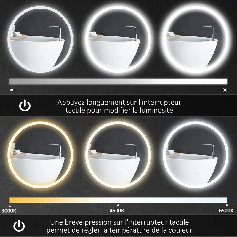 Miroir rond mural salle de bain 80 x 3,3 cm éclairage led réglable 3 couleurs antibuée moderne et épuré en verre argent 21_0001970