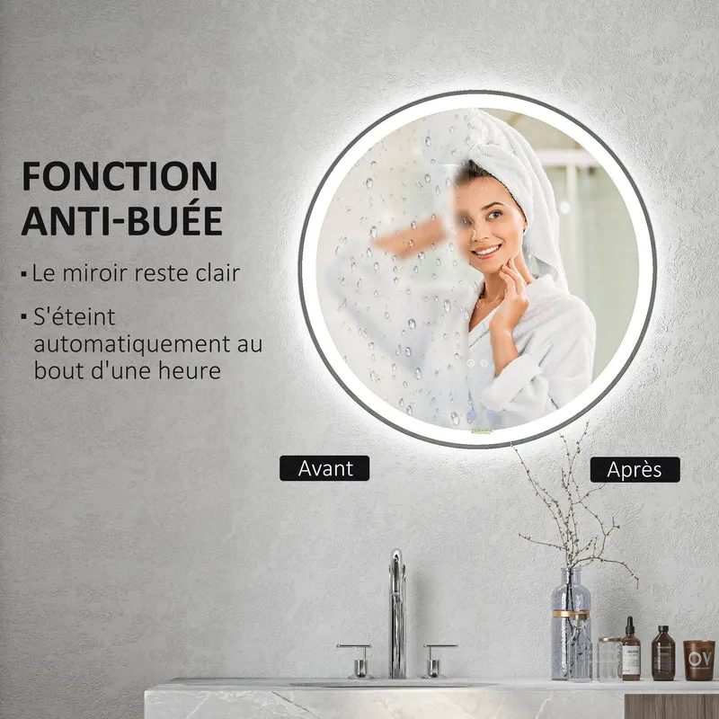 Miroir rond mural salle de bain 80 x 3,3 cm éclairage led réglable 3 couleurs antibuée moderne et épuré en verre argent 21_0001970