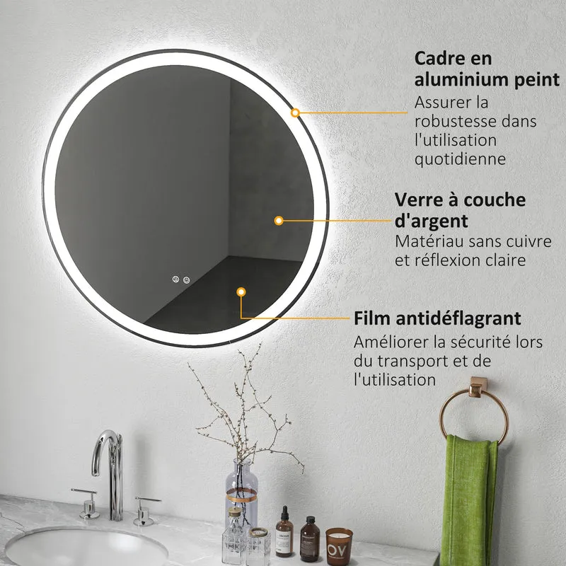 Miroir rond mural salle de bain 80 x 3,3 cm éclairage led réglable 3 couleurs antibuée moderne et épuré en verre argent 21_0001970