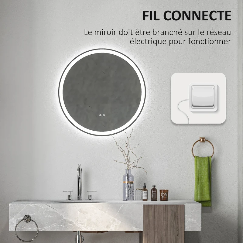 Miroir rond mural salle de bain 80 x 3,3 cm éclairage led réglable 3 couleurs antibuée moderne et épuré en verre argent 21_0001970