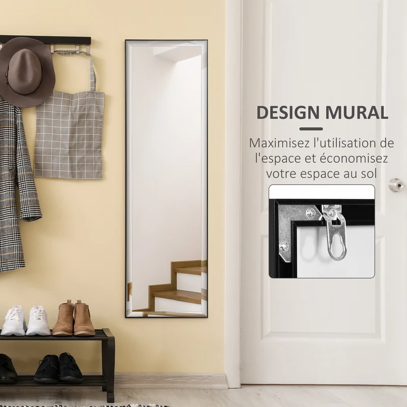 Miroir mural rectangulaire entrée 120 x 35 cm attache intégrée film anti éclats contemporain élégant en aluminium noir 21_0001509