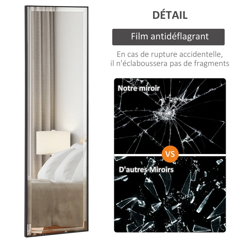 Miroir mural rectangulaire entrée 120 x 35 cm attache intégrée film anti éclats contemporain élégant en aluminium noir 21_0001509