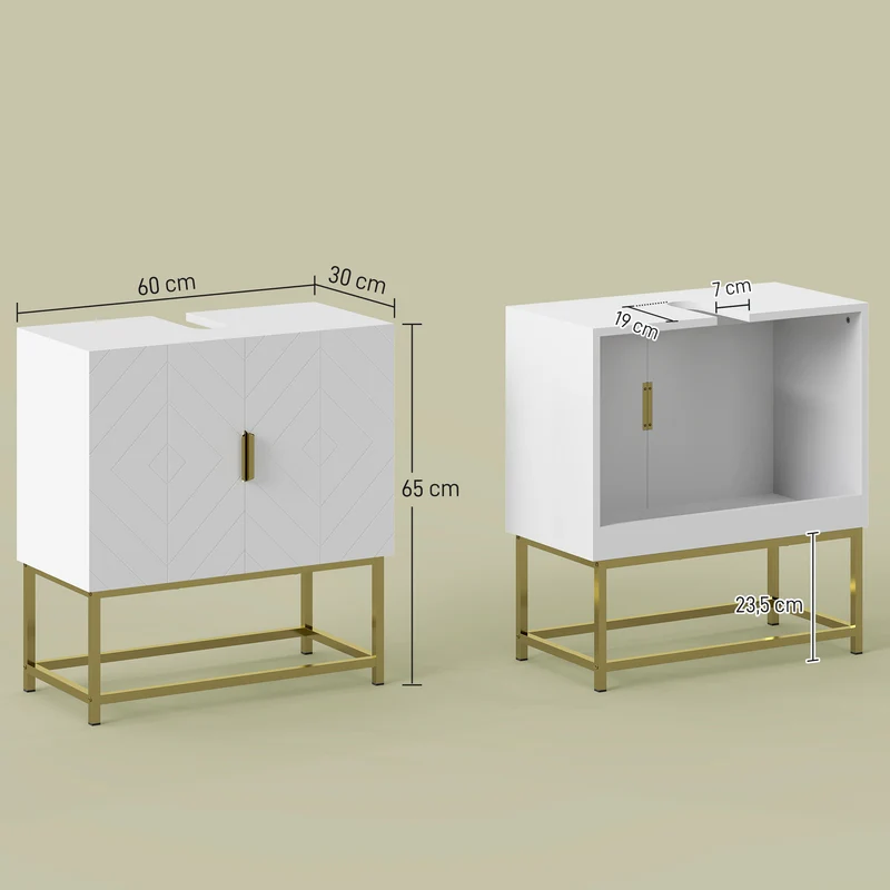 Meuble sous lavabo pour salle de bain 60 x 30 x 65 cm découpe en u rangement double porte moderne épuré en MDF blanc 21_0001942