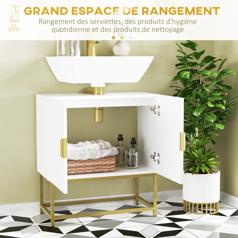 Meuble sous lavabo pour salle de bain 60 x 30 x 65 cm découpe en u rangement double porte moderne épuré en MDF blanc 21_0001942