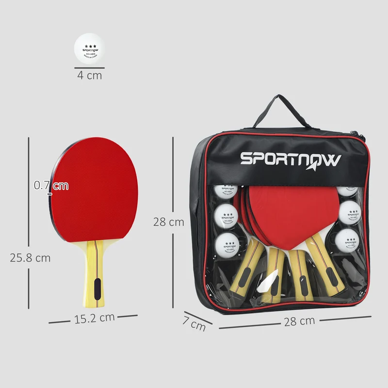 Lot de 4 raquettes de ping-pong 26 x 15 x 1 cm manche évasé entraînement loisir compact moderne en contreplaqué rouge 21_0006926