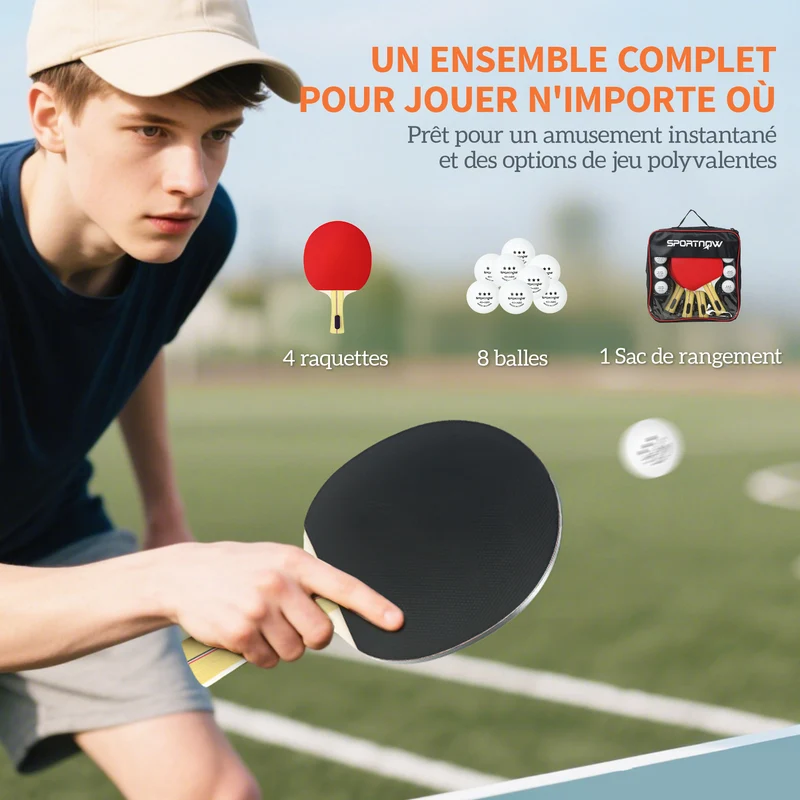 Lot de 4 raquettes de ping-pong 26 x 15 x 1 cm manche évasé entraînement loisir compact moderne en contreplaqué rouge 21_0006926